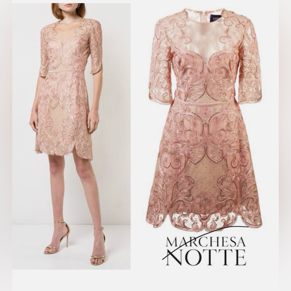 Marchesa Notte Metallic Gold Filigree Nude/Blush Dress NWT size 12